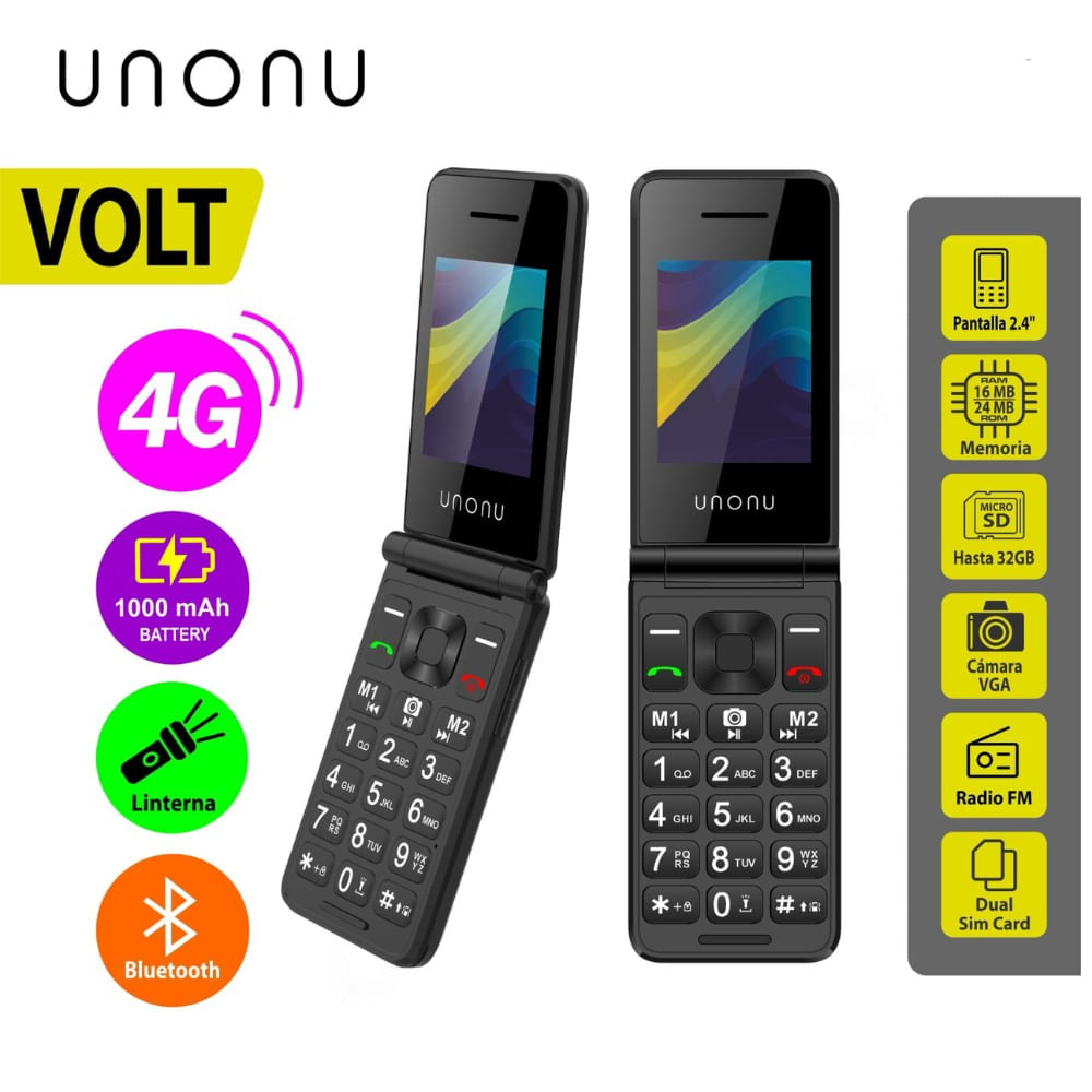 Celular Unonu Volt Tapa 4G, Pantalla de 2.4"",Bateria 1000 mAh, Radio FM