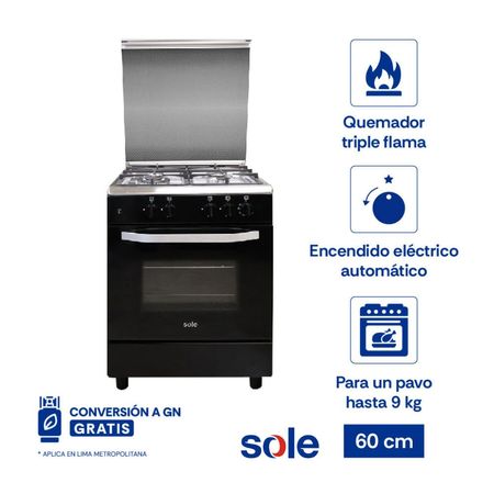 Cocina de Pie a Gas Sole Cartagena 4 hornillas Acero Inoxidable 60cm Negro