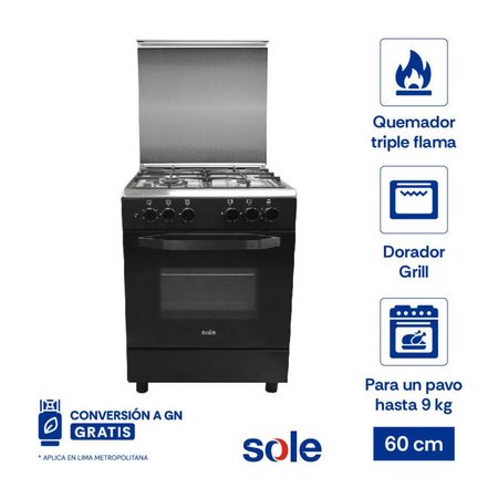 Cocina de Pie a Gas Sole Bahamas 4 Hornillas Acero 60cm Negro con Horno