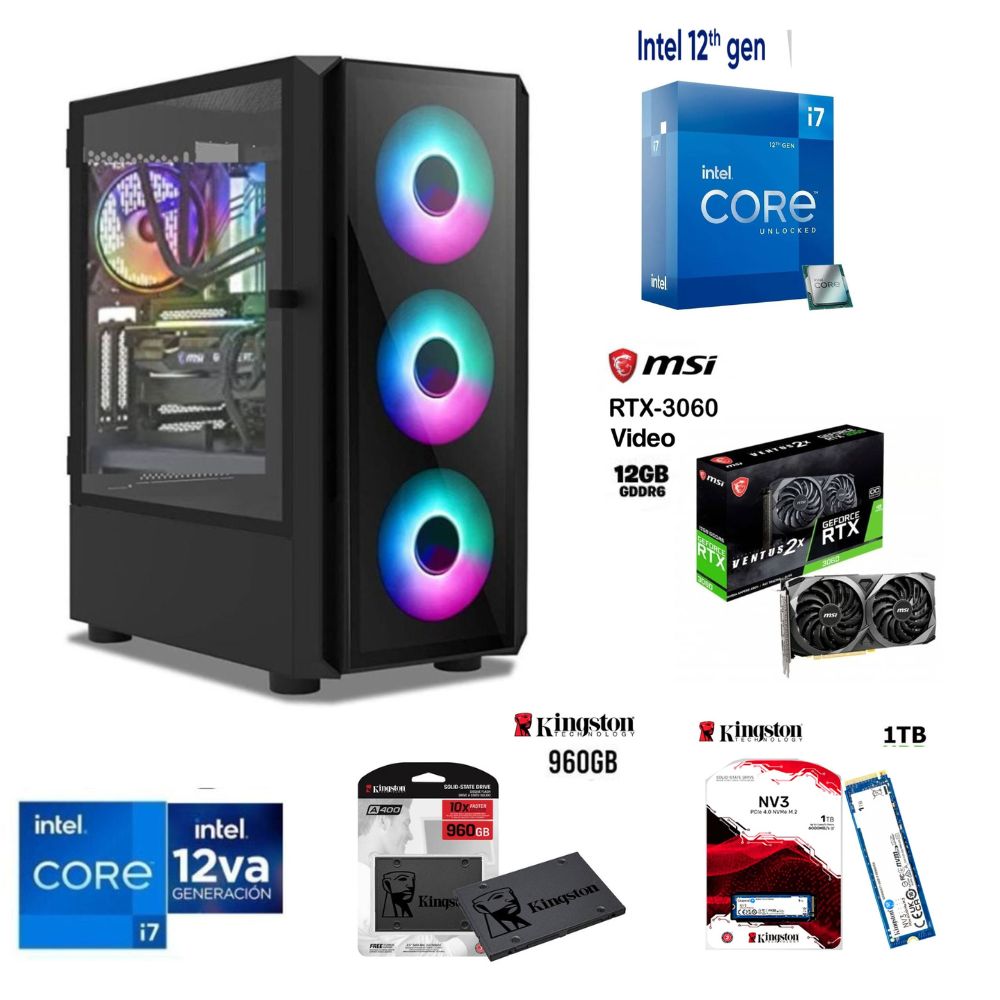 Computadora PC Gamer Core i7-12TH  Ram 32GB  Disco M.2  1TB   SSD 960GB   RTX 3060 12GB