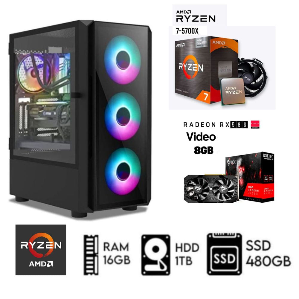 Computadora PC GAMER Ryzen 7-5700X Ram 16GB DISCO HDD 1TB SSD 480GB RX 580 8GB