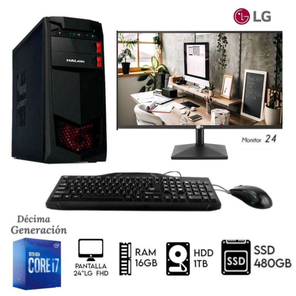Computadora  Pc Intel  CORE I7-10TH  Ram 16GB  DISCO HDD 1TB   SSD 480GB  Monitor24 LG