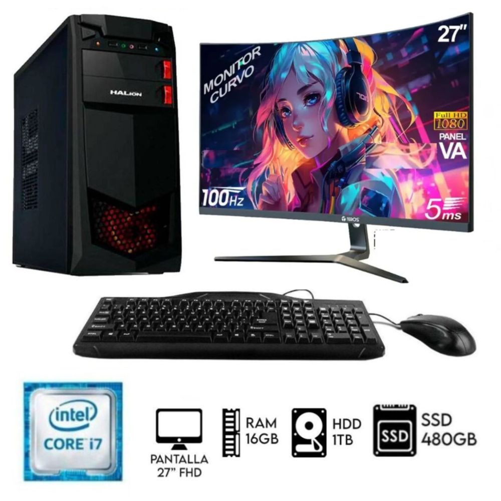 Computadora PC Intel Core i7  Ram 16GB  Disco HDD 1TB   SSD 480GB  Monitor 27 FHD