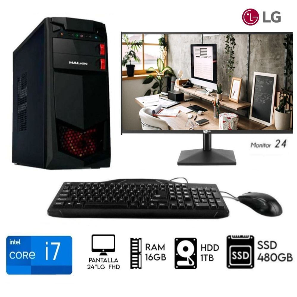 Computadora Pc Intel Core I7-8TH   Ram16GB  Disco  HDD 1TB   SSD 480GB  Monitor 24FHD