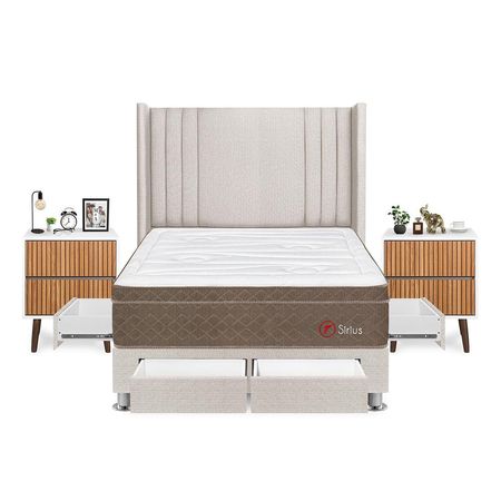 Dormitorio Sirius Con 4 Cajones 2 Plazas + Velador Milan + Respaldo Beige
