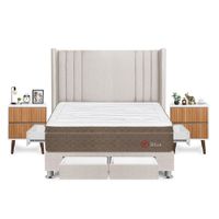 Dormitorio Sirius Con 4 Cajones Queen + Velador Milan + Respaldo Beige