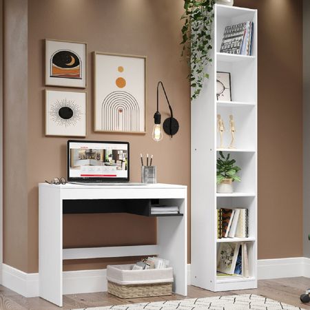 Escritorio Moderno Rubí y Mueble Estante Librero 6 Niveles Blanco