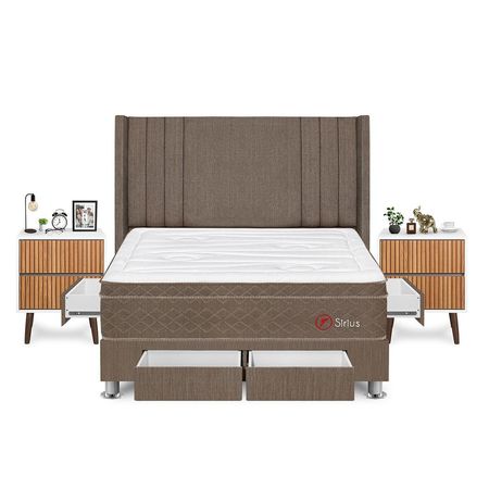 Dormitorio Sirius Con 4 Cajones King + Velador Milan + Respaldo Marron