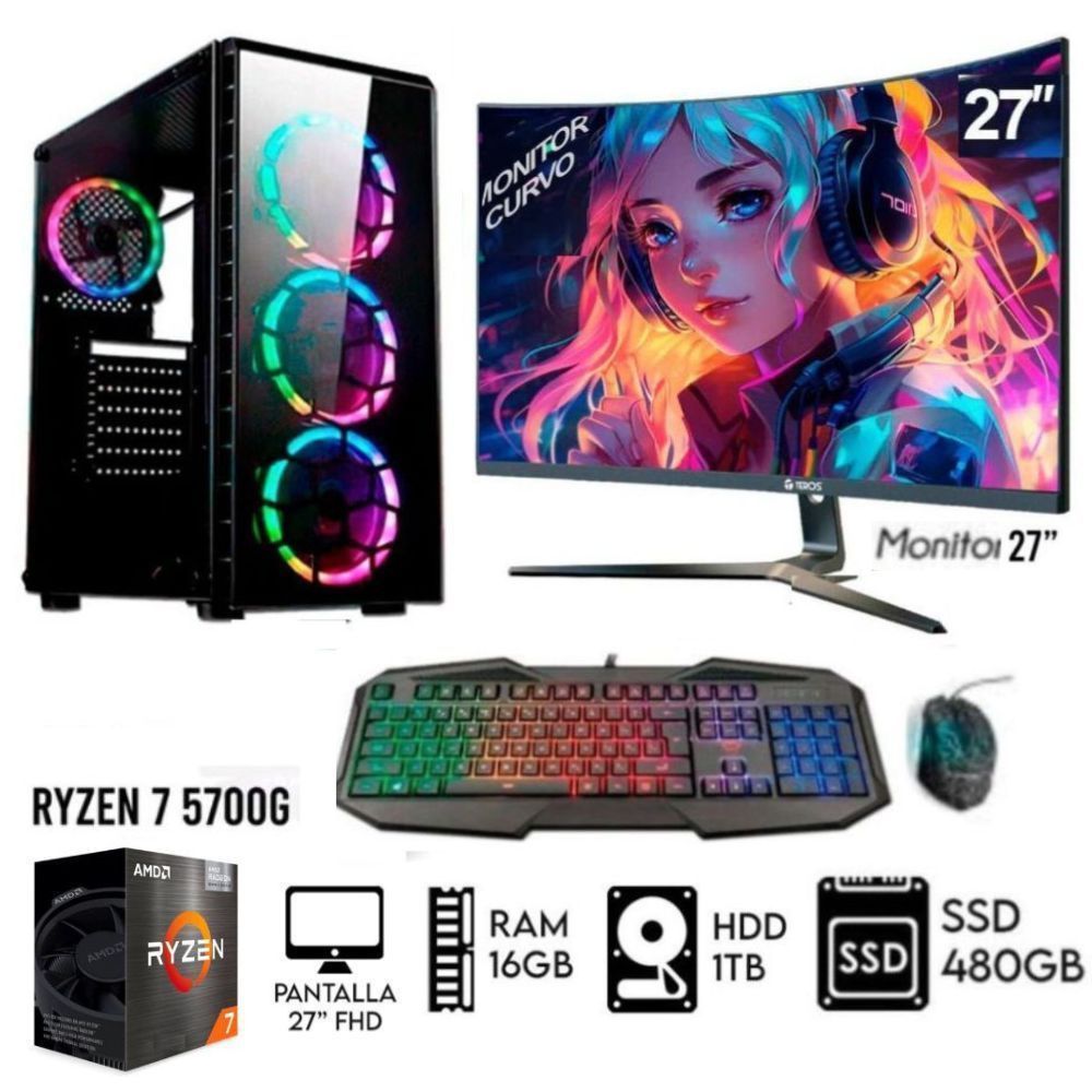 Computadora Pc Gamer RYZEN 7 5700G  Ram16GB  Disco HDD 1TB    SSD 480GB  Monitor 27