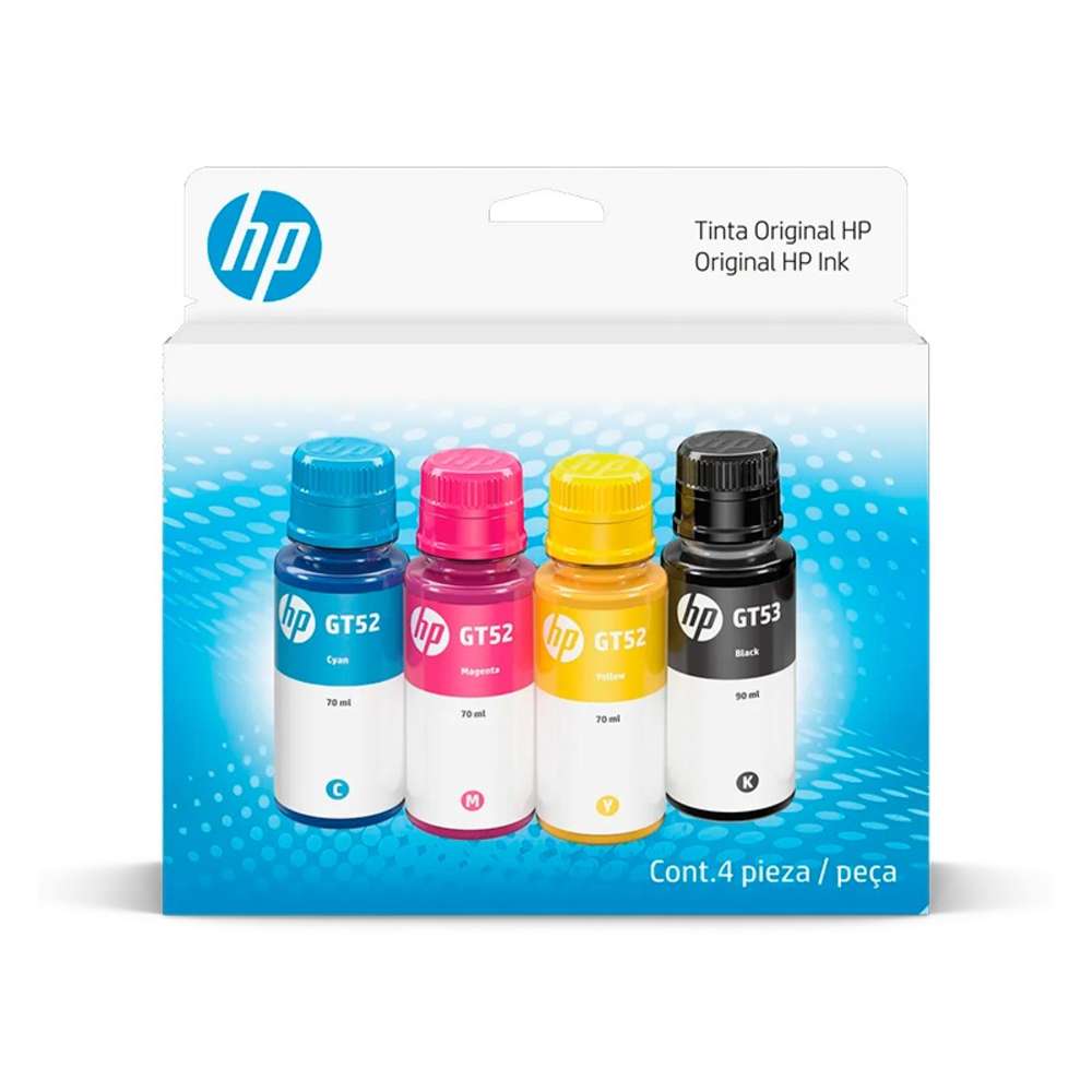 Combo Kit de botellas de tinta HP GT53/GT52, (Pack de 4), Negro, Magenta, Cian, Amarillo