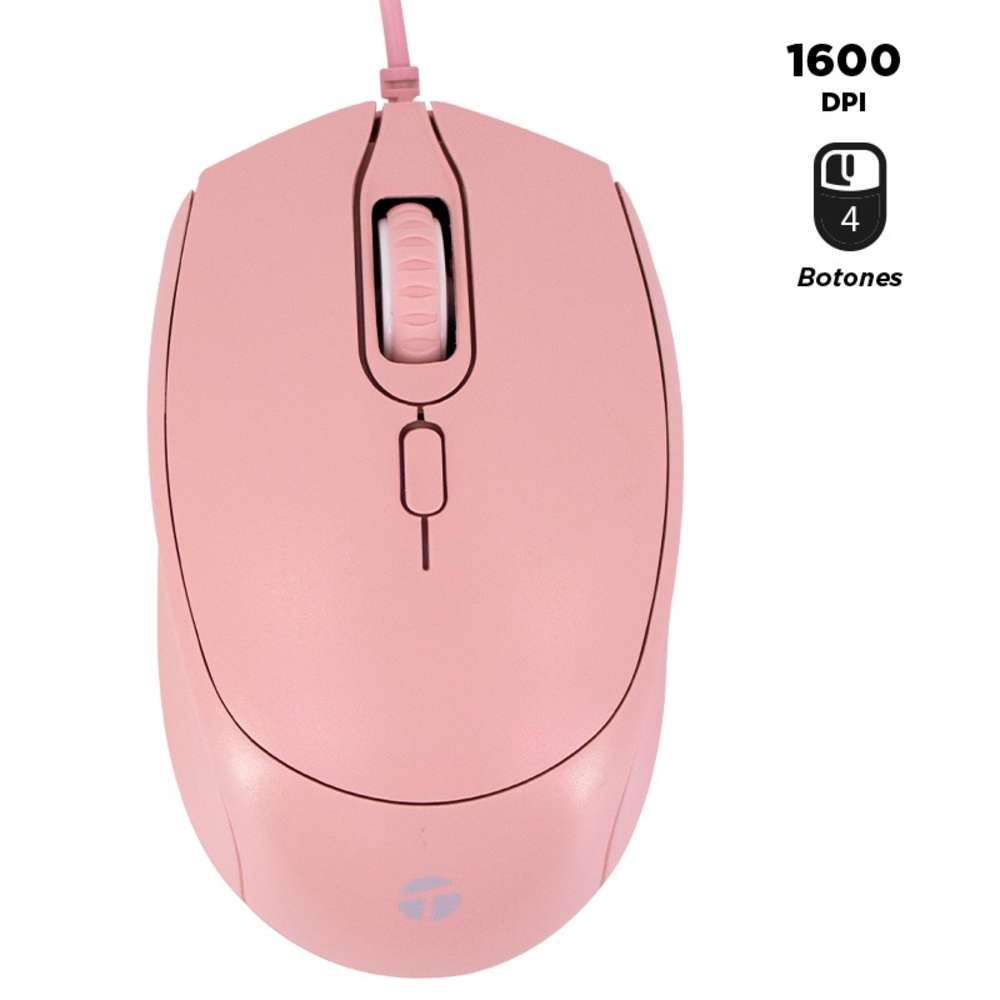 Mouse óptico TEROS TE-1226S, 800-1200-1600 DPI, USB, 4 botones, color rosado