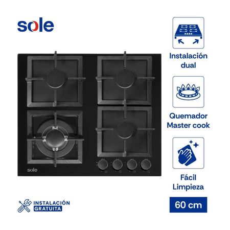 Cocina Encimera Vidrio Templado Sole Solco 070 Negro a Gas 60cm