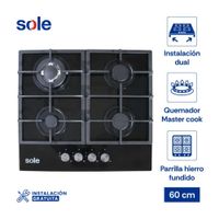 Cocina Encimera Vidrio Templado Sole SOLCO045 Negro a Gas 60cm