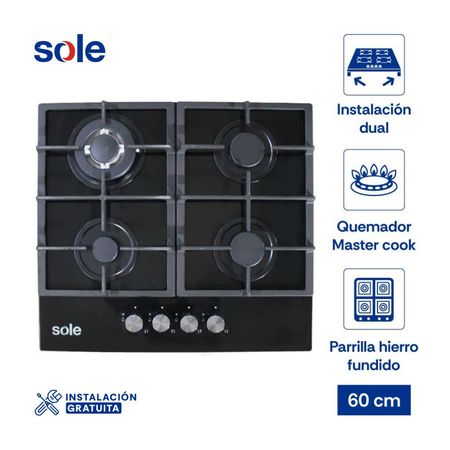 Cocina Encimera Vidrio Templado Sole SOLCO045 Negro a Gas 60cm