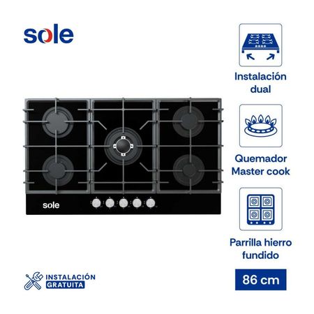 Cocina Encimera de Vidrio Templado Sole SOLCO046 Negro 86cm 5 hornillas