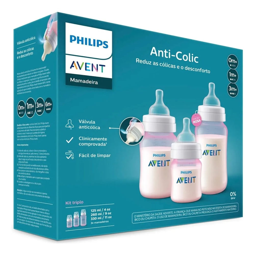 Set de regalo Avent Anticólico Rosado recién nacido con 3 Biberones