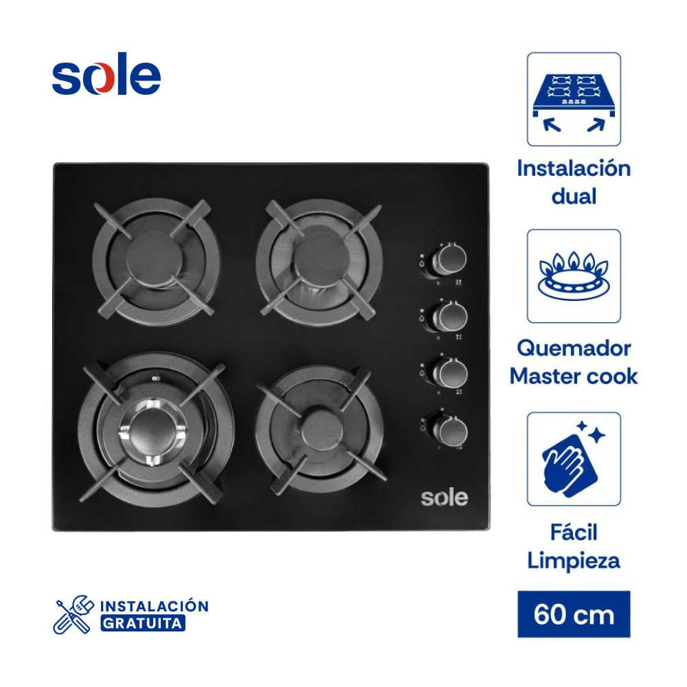Cocina Encimera de Vidrio Templado Sole Modelo SOLCO068 Negro 60cm