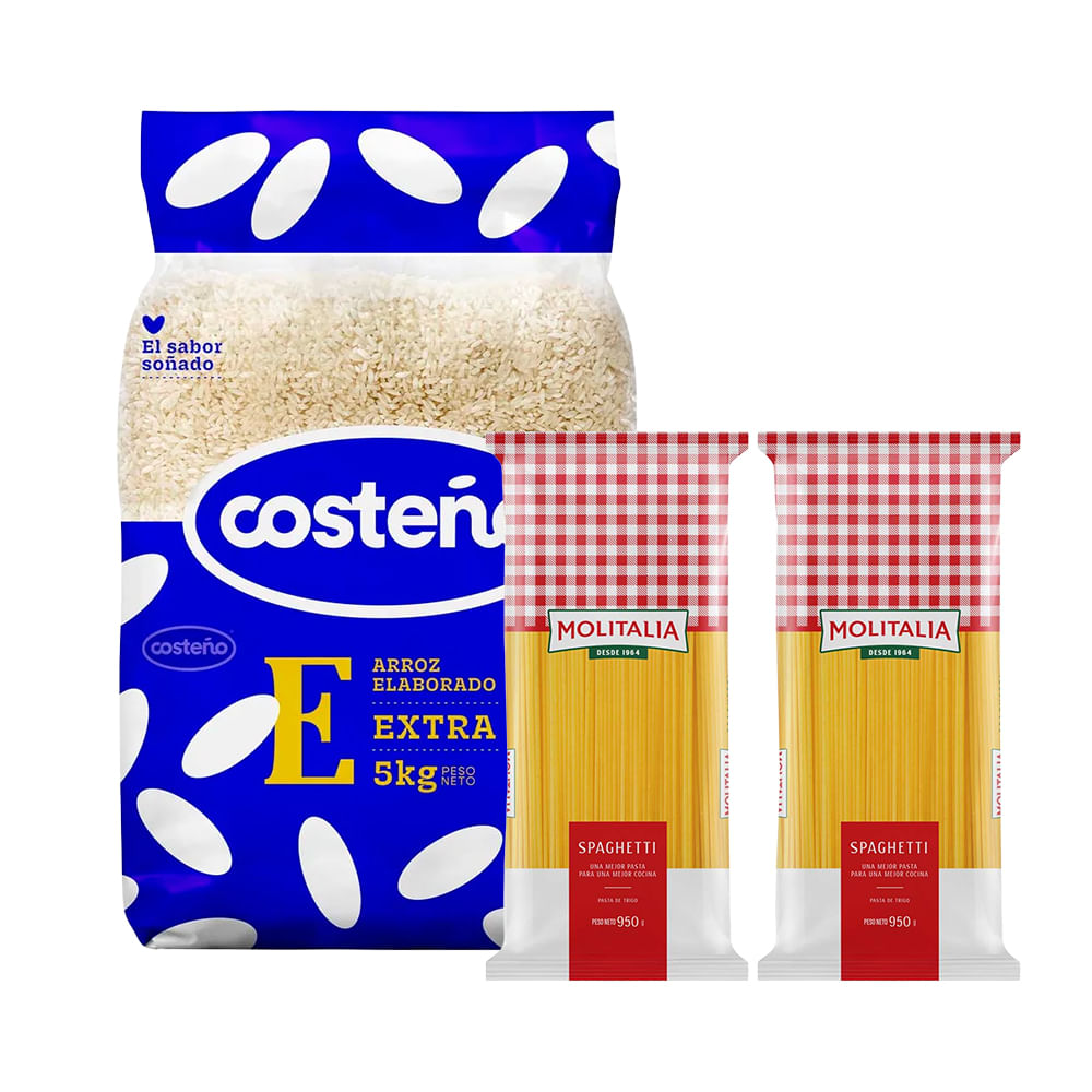 Pack Arroz Extra COSTEÑO Bolsa 5Kg + Fideos Spaghetti MOLITALIA Bolsa 950g x 2un