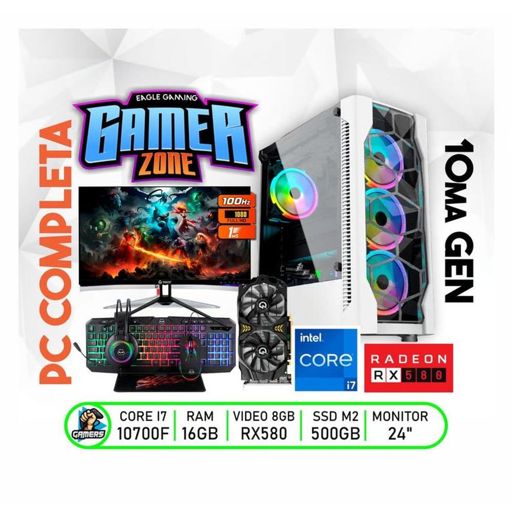 Computadora PC GAMER Core I7 10700F- RAM 16GB -SSD 500GB- RX 580 8GB - MONITOR 24