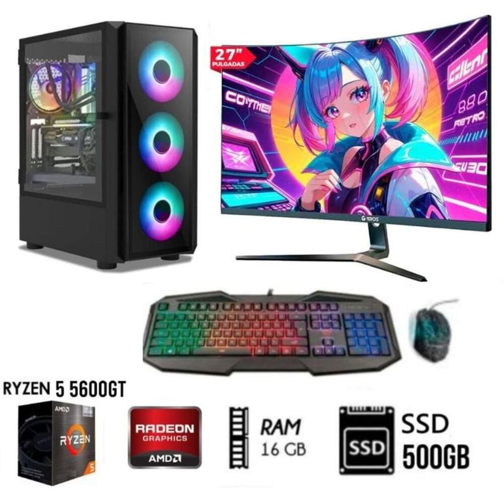 Computadora PC Gamer RYZEN 5 5600GT  Ram16GB  DISCO SSD 500GB  Monitor 27 FHD