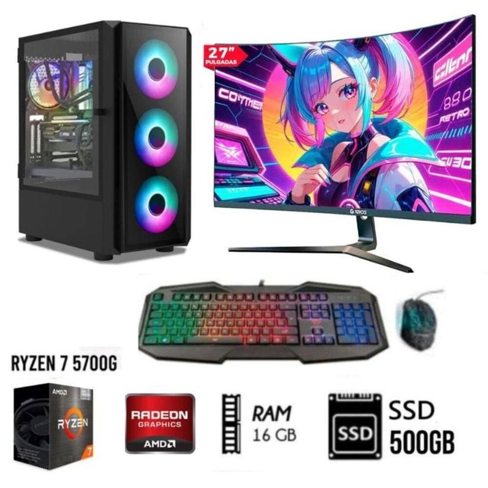 Computadora PC Gamer RYZEN 7-5700G Ram16GB Disco SSD 500GB Monitor 27FHD