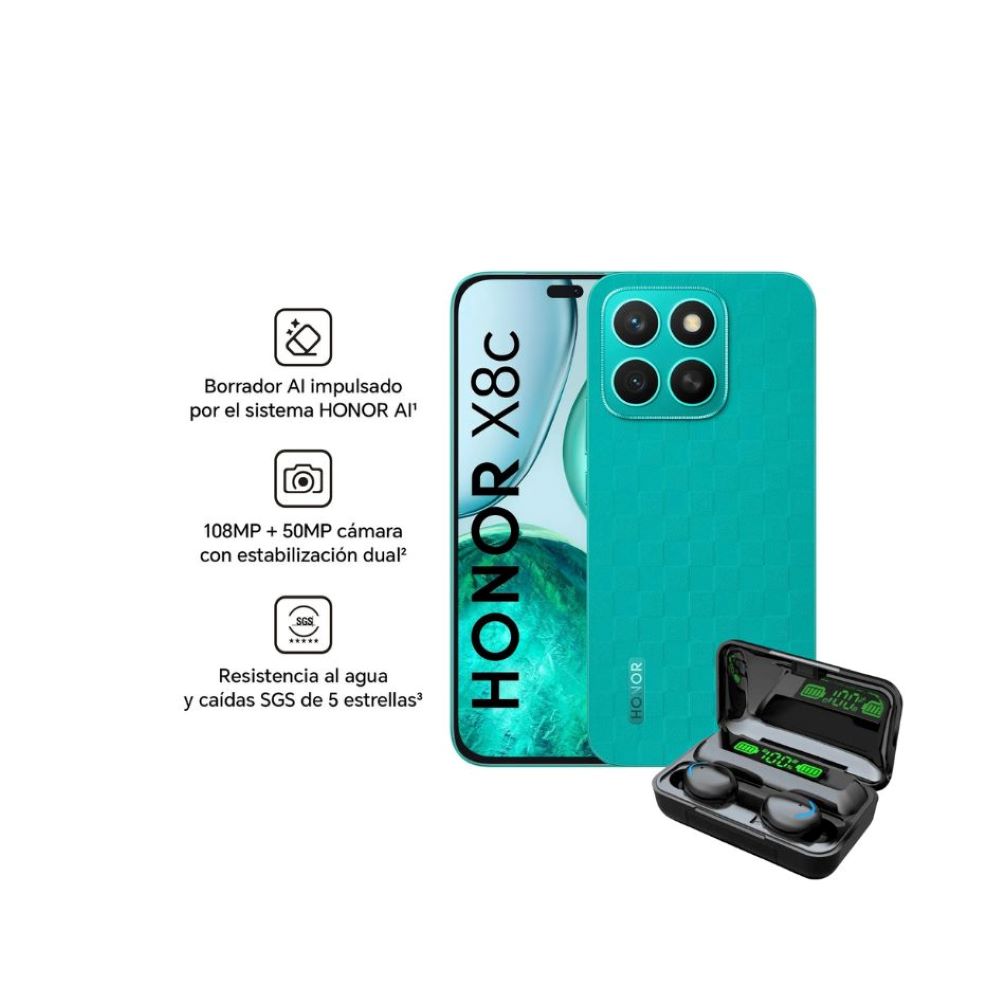 Celular Honor x8c 8+8 Ram-256Gb Color Verde+Audifonos de Regalo