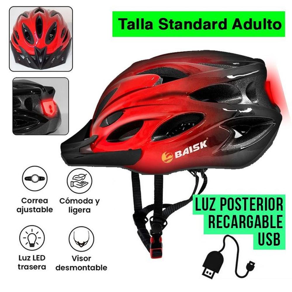 Casco para Bicicleta con Luz Recargable USB Ciclismo - Rojo