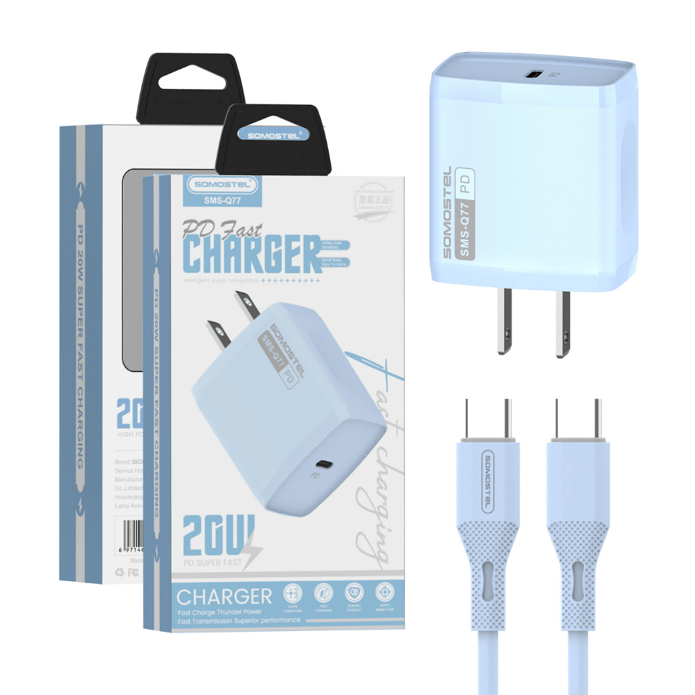Cargador de pared + Cable Pd20w Celeste Somostel