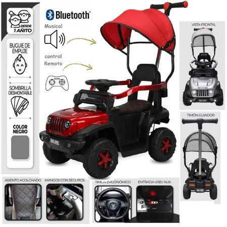 BUGGY JEEP A BATERIA 12 VOLTEOS CON CONTROL ROJO Correpasillo Guiador Buguie a Bateria con  bluetooth Sonido y Luces Rojo