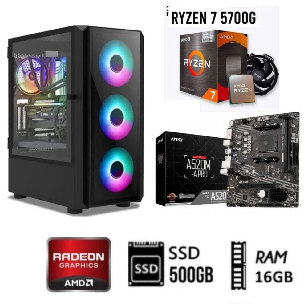 Computadora GAMER PC Ryzen 7 5700G Ram 16GB Disco SSD 500GB Case RGB LUCES