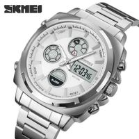 Reloj Skmei 1673 Plateado Correa Acero Digital Analogo. Blanco