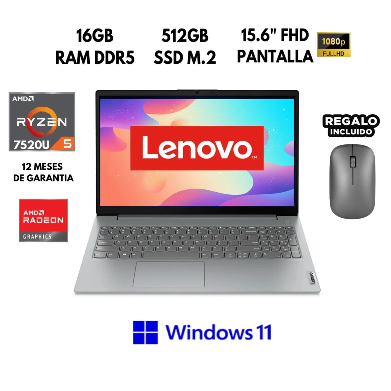 LAPTOP LENOVO V15 G4 AMN AMD RYZEN 5-7520U 16GB RAM 512GB SSD 156 FHD Windows 11 más Mouse
