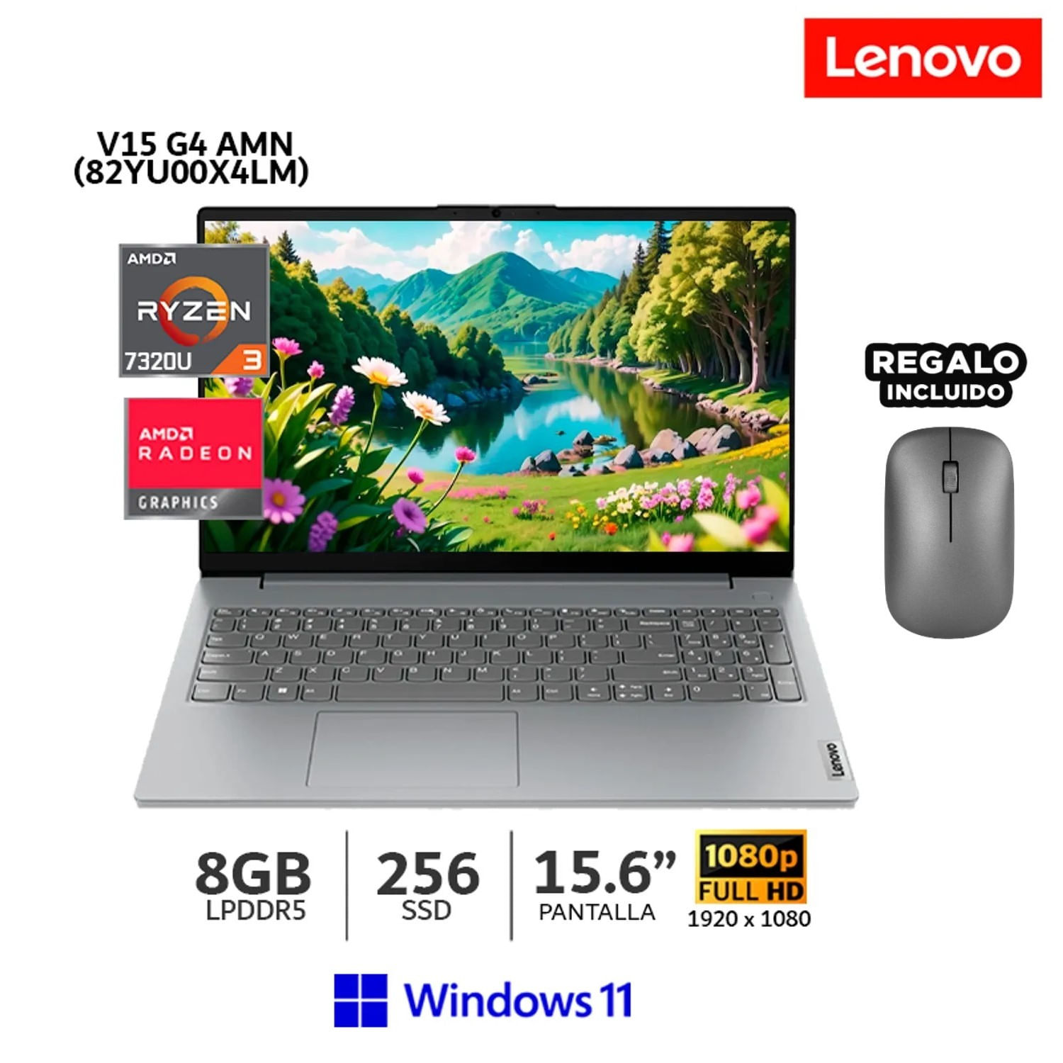 Laptop Lenovo V15 G4 AMN AMD Ryzen 3-7320U 8GB RAM 256GB SSD 15 6 FHD Windows 11 más Mouse