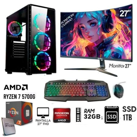 Computadora Pc RYZEN 7-5TH Ram 16GB SSD 480GB Monitor 27 Case 550 RGB Computadora Pc RYZEN 7-5TH Ram 32GB  DISCO SSD 1TB Monitor 27 Case 550 RGB