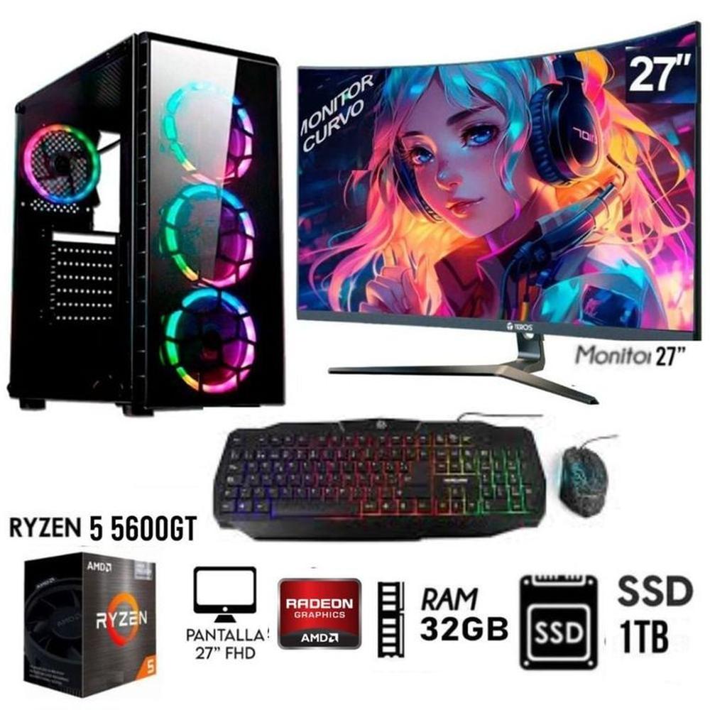 Computadora PC RYZEN 5 5600GT  Ram 32GB Disco Solido 1TB  Monitor Curvo 27 FHD