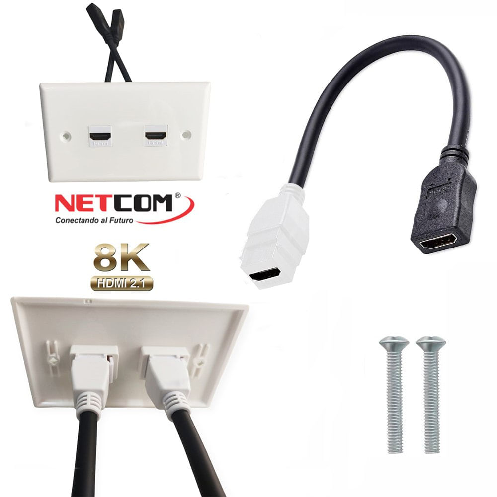 Placa ABS HDMI 2.1 Faceplate HDMI Hembra 2 Puestos con Cable 8K