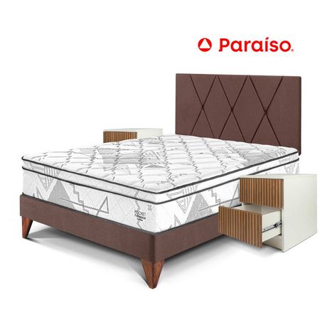 Dormitorio Europeo Pocket Advance 2 Plazas + 2 Veladores Brisse + 2 Almohadas Chocolate