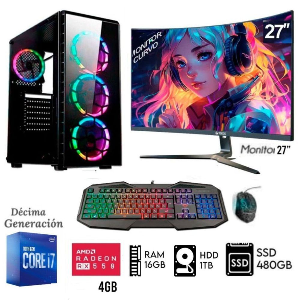 Computadora PC Gamer Core i7-10TH  Ram16GB  Disco HDD 1TB   SSD 480GB   RX 580 8GB M 27