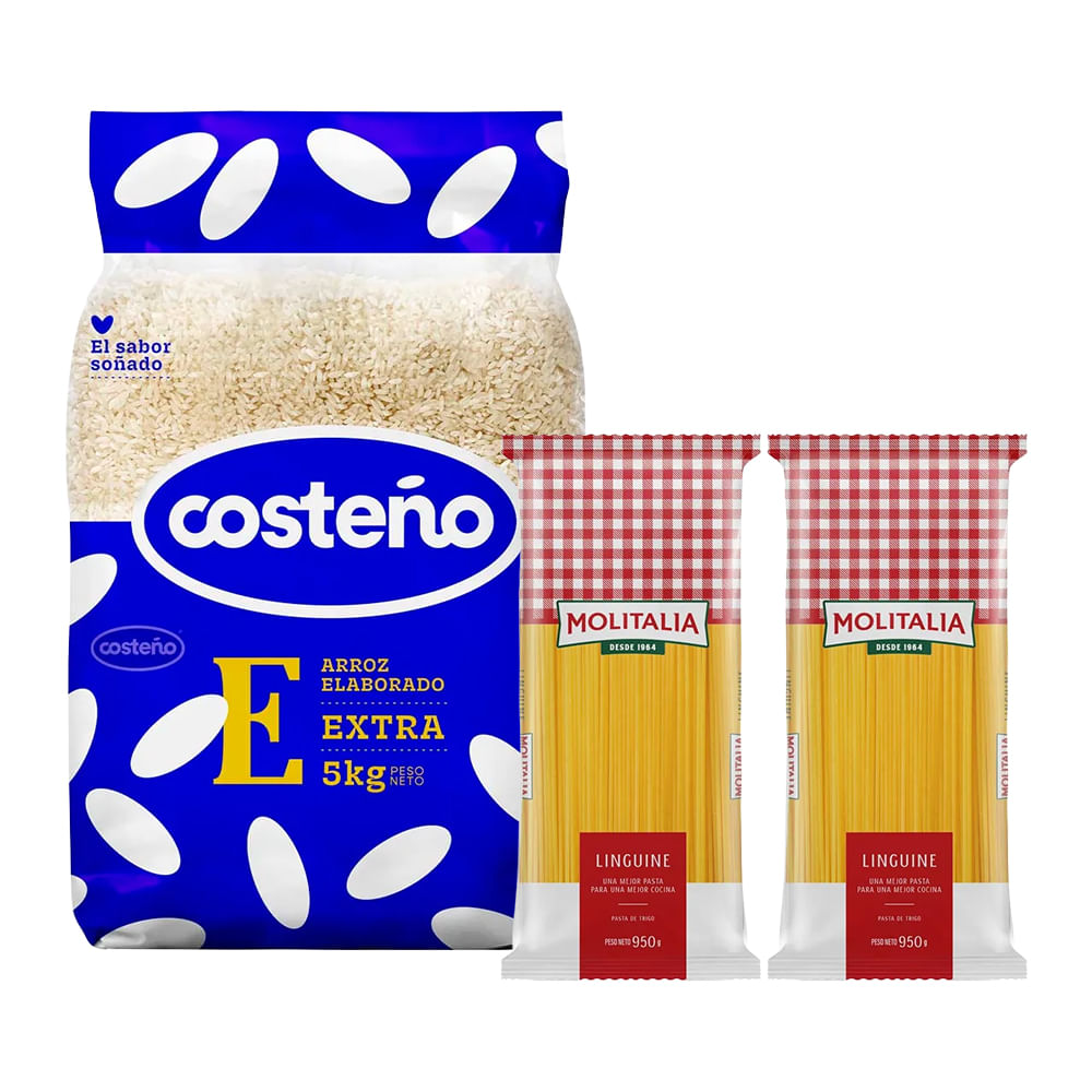 Pack Arroz Extra COSTEÑO Bolsa 5Kg + Fideo Linguine MOLITALIA Bolsa 950g x 2un