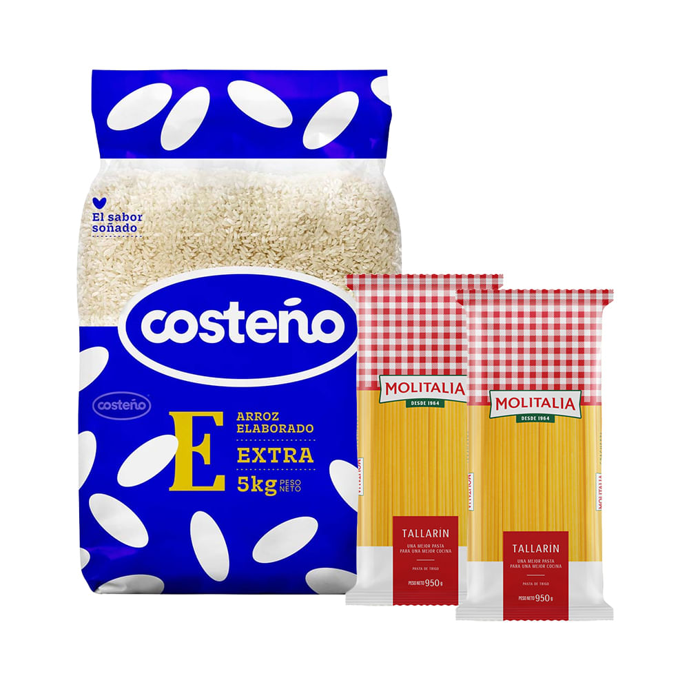 Pack Arroz Extra COSTEÑO Bolsa 5Kg + Fideo Tallarín MOLITALIA Bolsa 950g x 2un