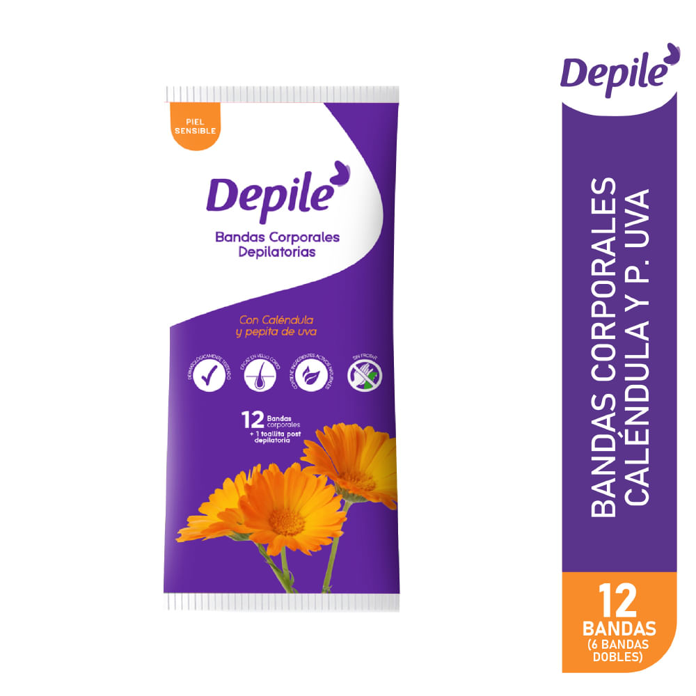 Bandas Depilatorias Corporales DEPILÉ Caléndula y Pepita de Uva para Piel Sensible Paquete 6un