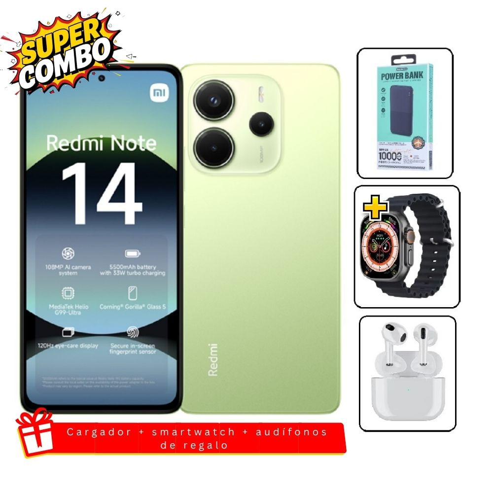 Xiaomi Redmi Note 14 256GB Verde - Cargador 10000mah - Reloj - Audifonos