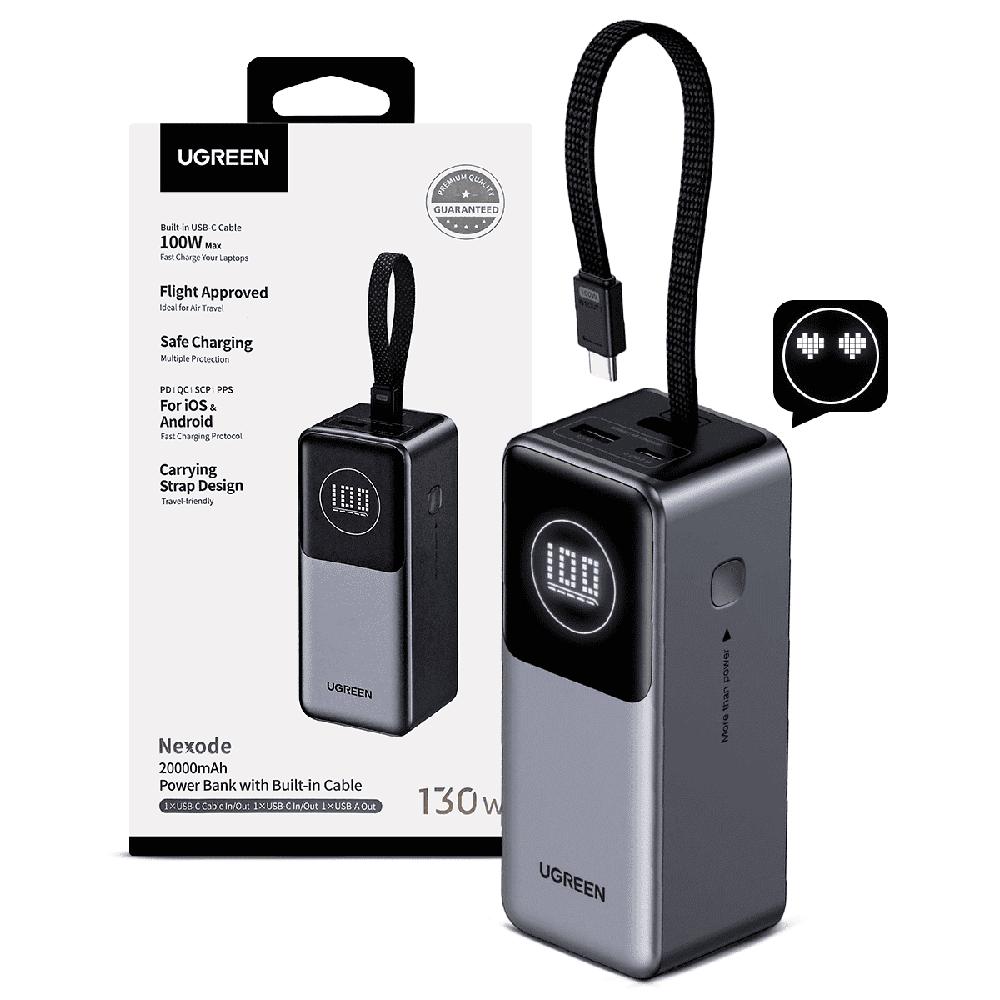 Power Bank Ugreen 20000 mAh 130W con Cable Integrado Tipo C para Laptops