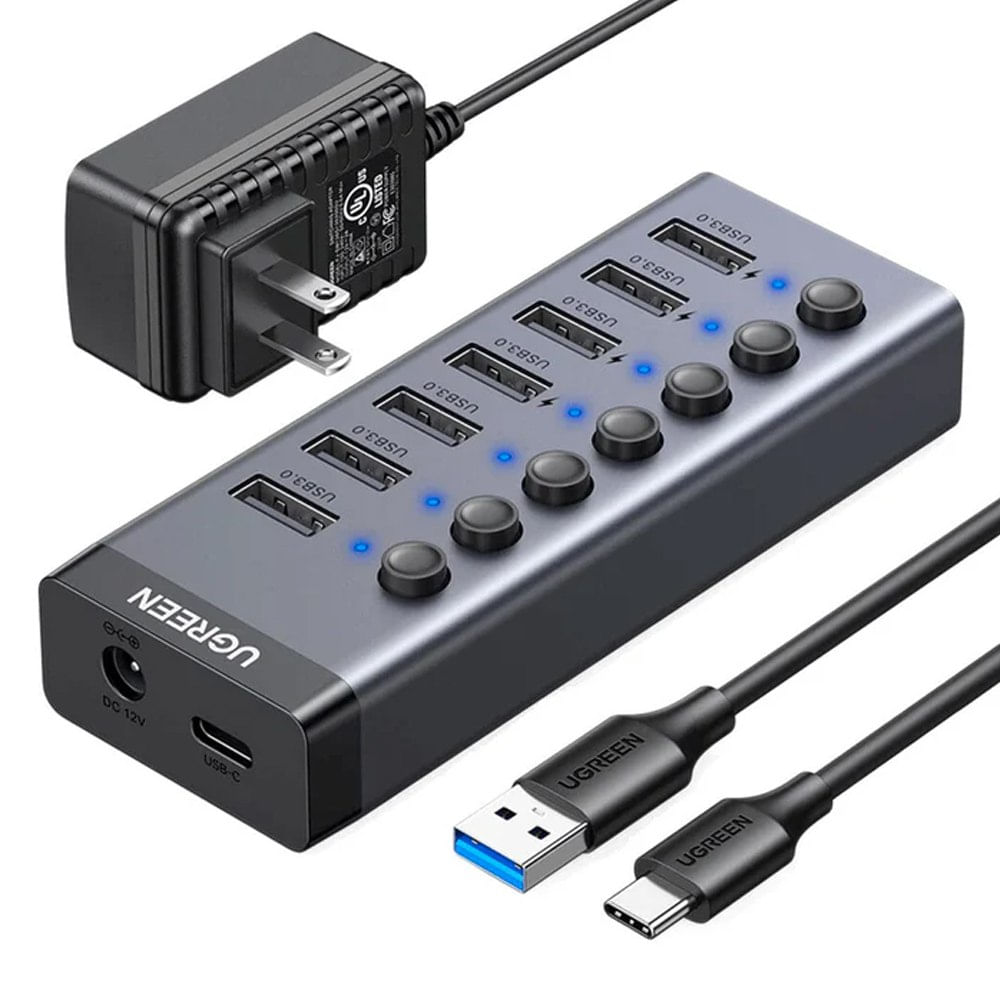 HUB USB 3.0 7 Puertos con Switch Independiente Adaptador de Corriente