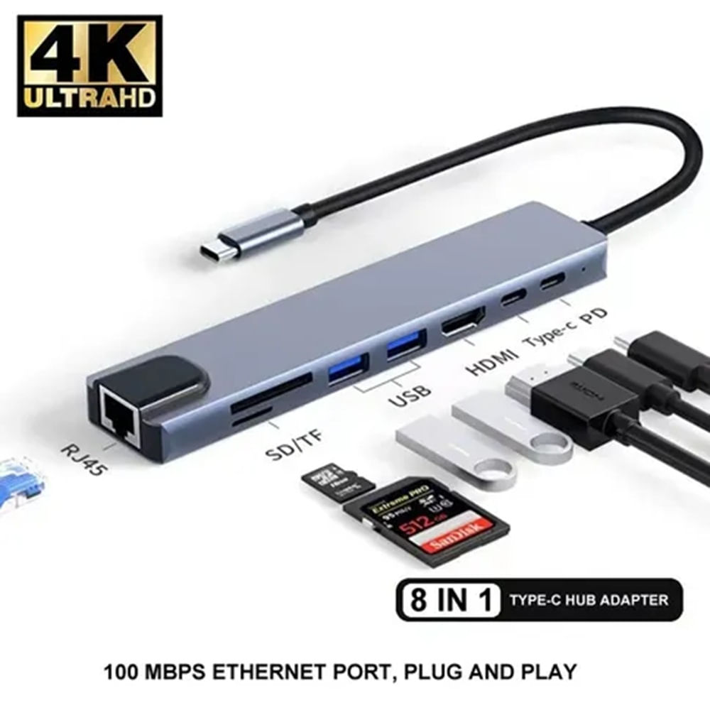 Adaptador 8 En 1 Hub Lan Hdmi Usb 3.0 Laptop Celulares Pc