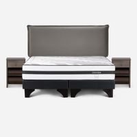 Dormitorio Europeo Driven Queen + Respaldo Maurice Gris + 2 Veladores Ferrara Gris
