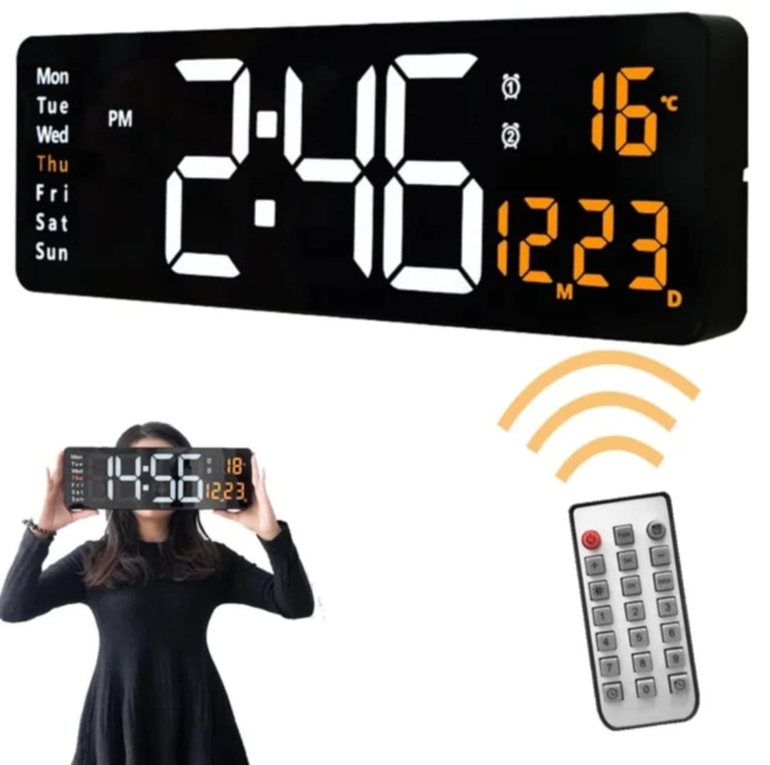 Reloj de Pared Digital Grande LED con Control Alarma Temperatura Mes Negro con Naranja
