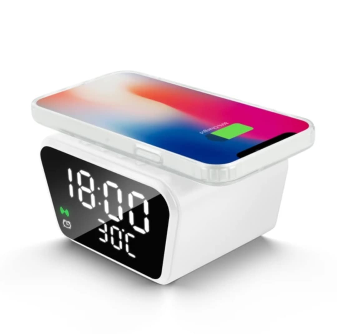 Reloj Digital Despertador Cargador Inalambrico con Alarma Temperatura Blanco