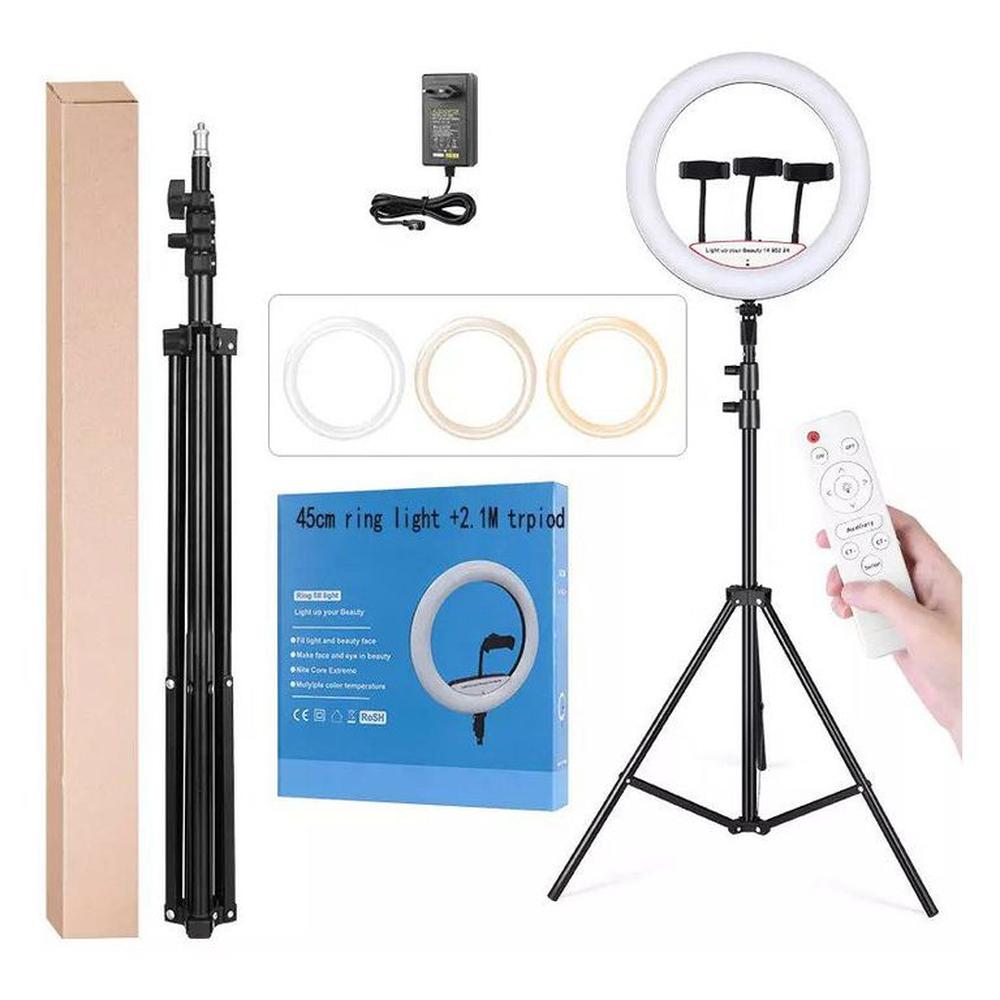 Aro luz led touch 45 cm con trípode y control remoto para 3 celulares