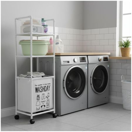 Estante Organizador Multiusos para Lavandería con Cesto 130x42x32cm Blanco